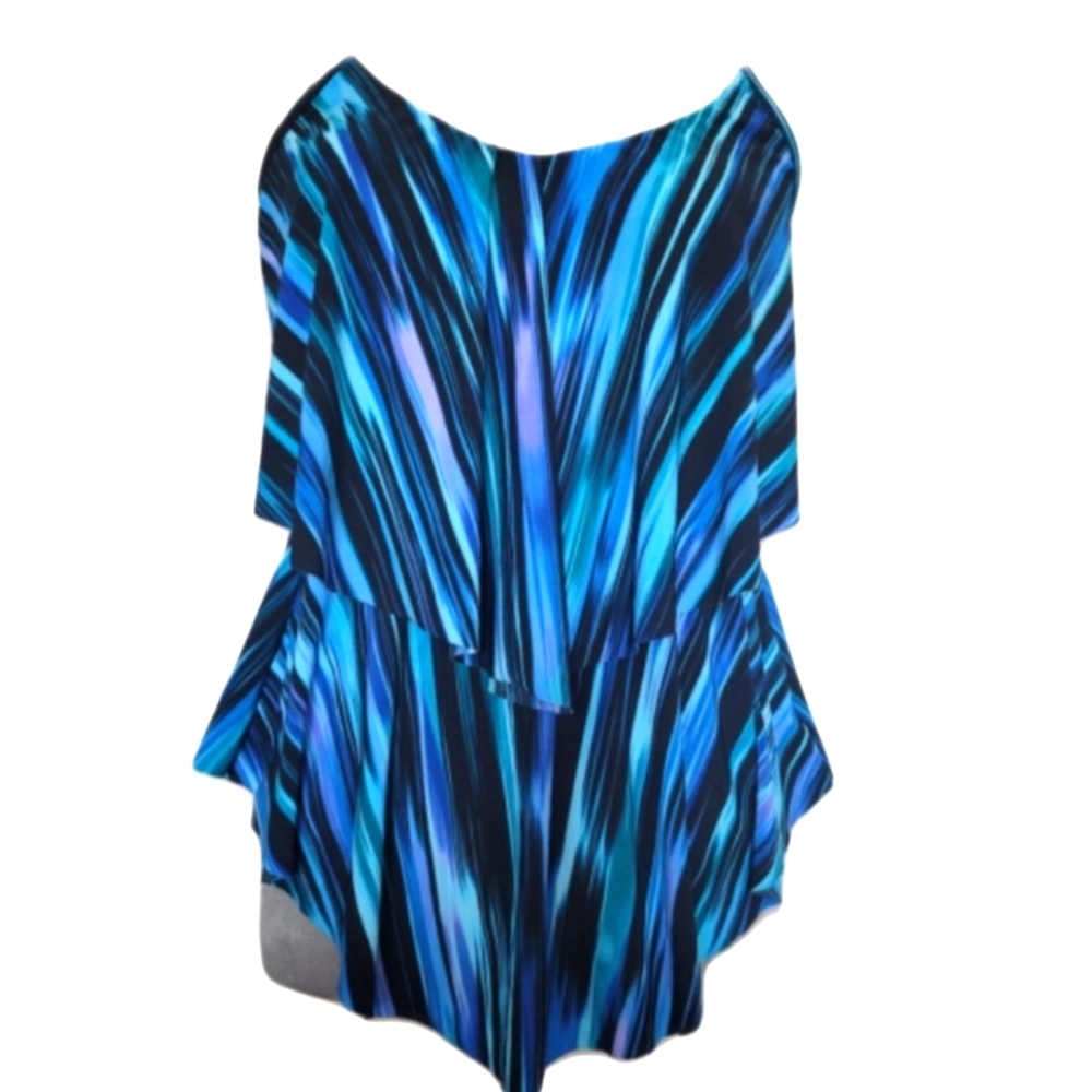 Vanishing Act Blue Green Striped Ruffle Tiered Tankini Swim Top Size 12
